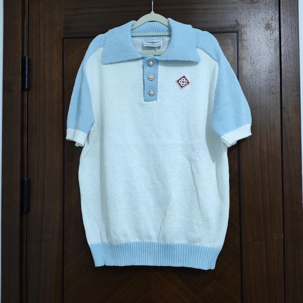 Men's Short-Sleeve Polo Sweater in White and Light Blue